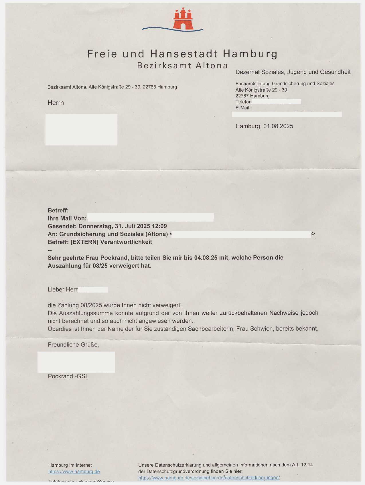 Frau Pockrand im Sozialamt in Hamburg