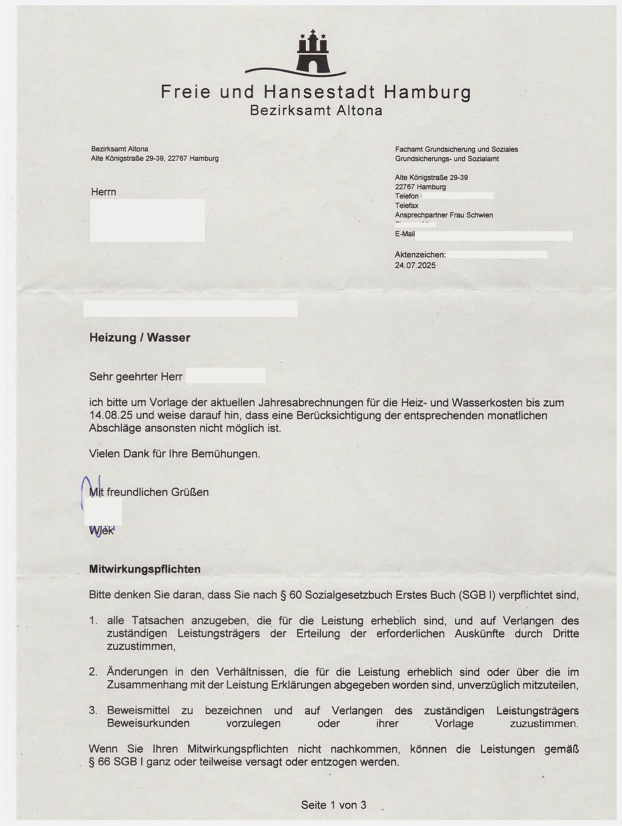 Hamburg Sozialamt. ein Brief