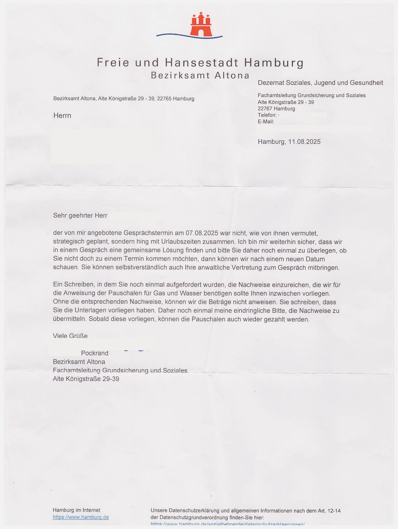 Frau Pockrand bietet neues Gespräch an.