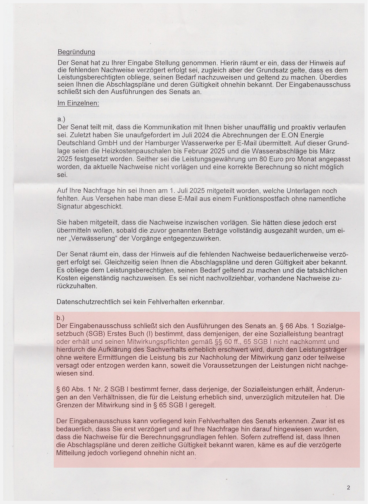 Hamburgische Bürgerschaft, Antwort auf Beschwerde gegen das Sozialamt Altona, Seite 2
