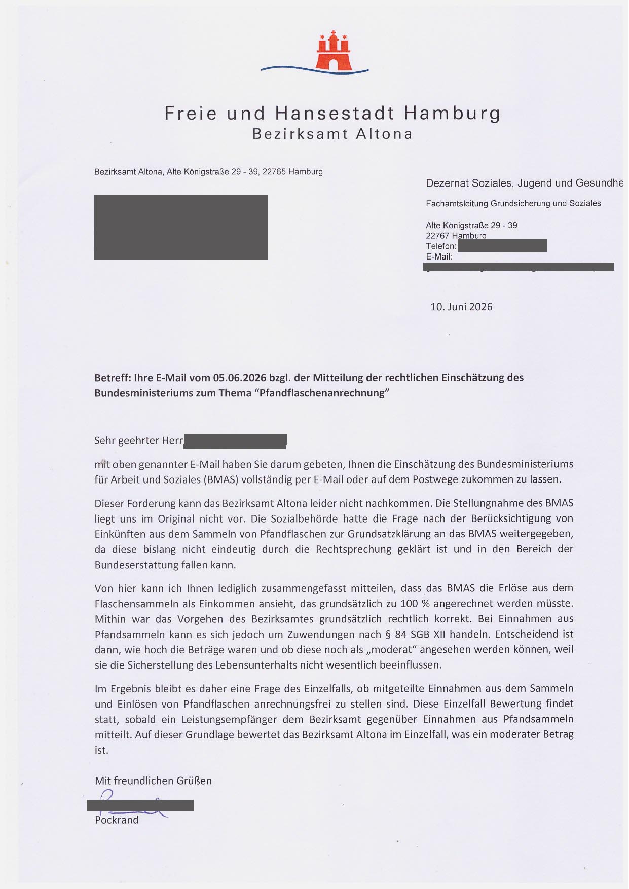 Das Schreiben von Frau Pockrand, Fachamt Grundsichedrung und Soziales, Hamburg-Altona